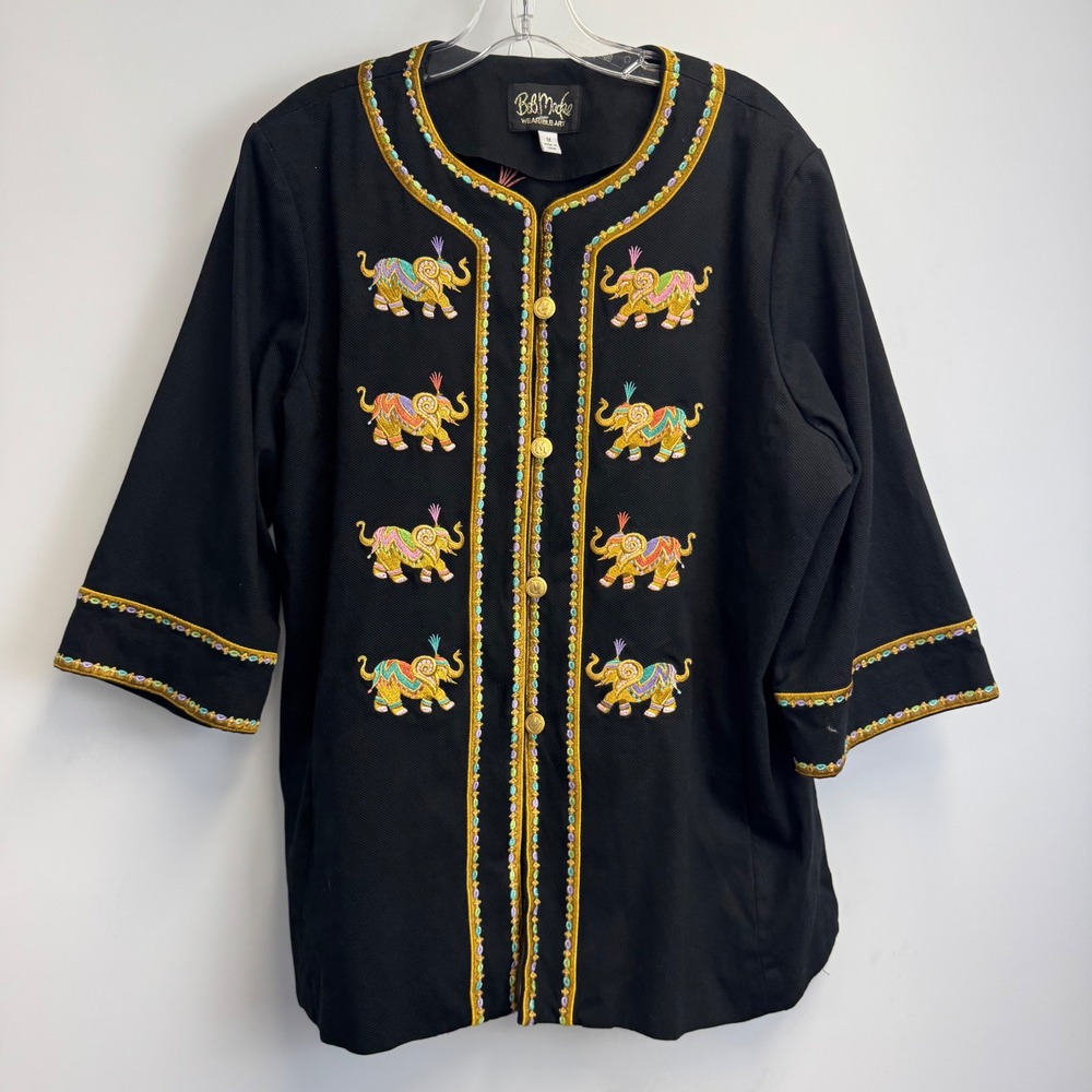 Bob Mackie Wearable Art Elephant Embroidered Shacket Black Gold Button Front 1X